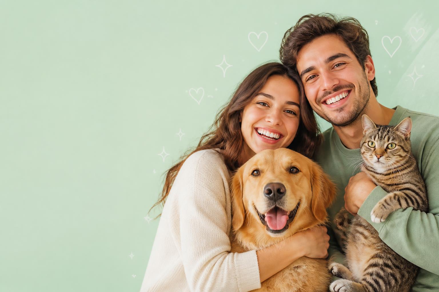 Tutores felizes abraçando um cão e um gato